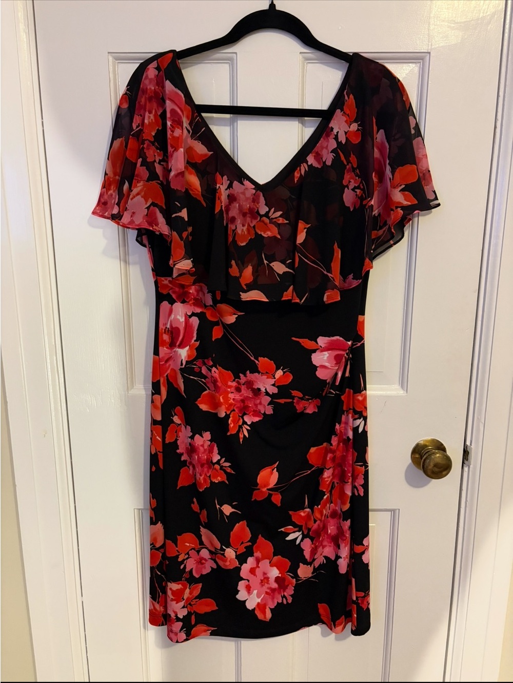 connected apparel Black Midi Dress with Red & Pink Floral Print